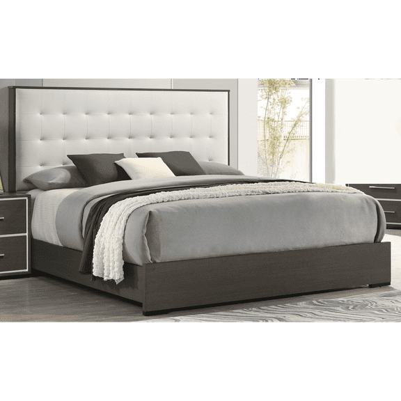 Newboti Furniture 1Pc Contemporary Upholstered Queen Size Panel Bed Button Tufted Headboard Wooden Bedroom Furniture White Cream Gray 0135