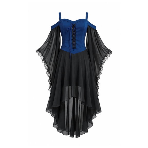 YuXingFu Gothic Dresses for Women Halloween Mesh Lace Patchwork Suspender Off Shoulder Court Style Dress Blue S