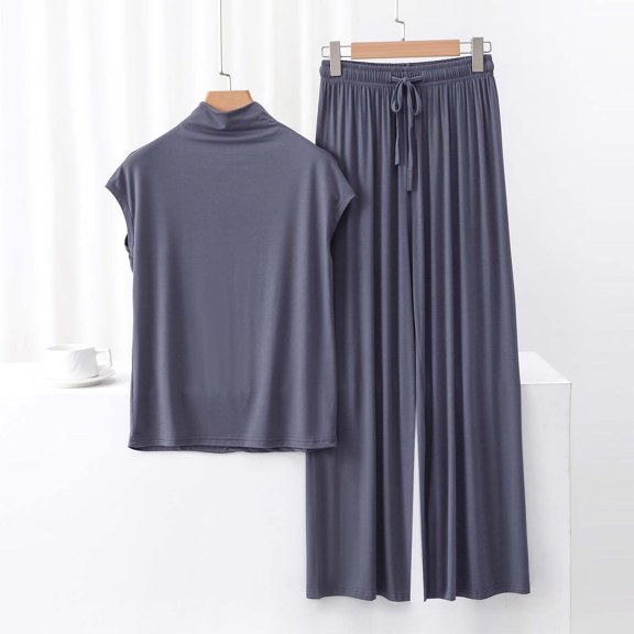 TMOYZQ Lounge Sets for Women 2 Piece Casual Loose Sleeveless Mock-Neck Tank Tops Wide Leg Pants Loungwear Tracksuits