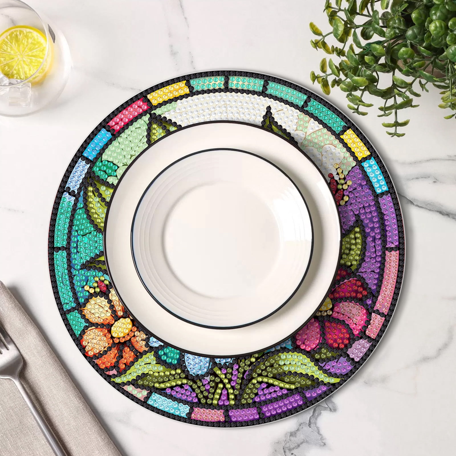 FLOPESN 4 Pcs Diamond Art Painting Coasters,Acrylic Single-Sided Dotted Diamond Dinner Plate Set for Restaurant Decoration-Flowers