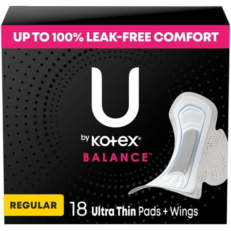 U by Kotex Balance Ultra Thin Pads with Wings, Regular Absorbency, 18 Count
