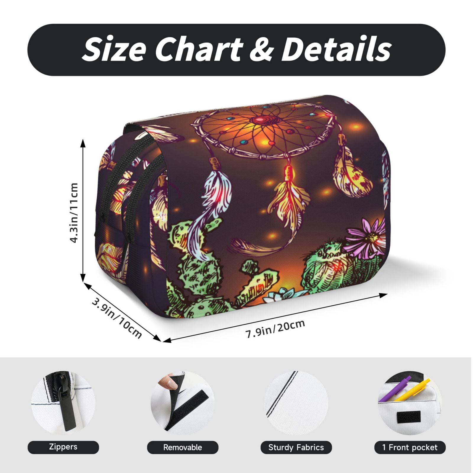 Rateoe Beautiful Dreamcatcher1 Pattern Double Clamshell Pen Case, Storage Organizer with Two Zipper Compartments– Holds Up to 50 Pencils & Pens