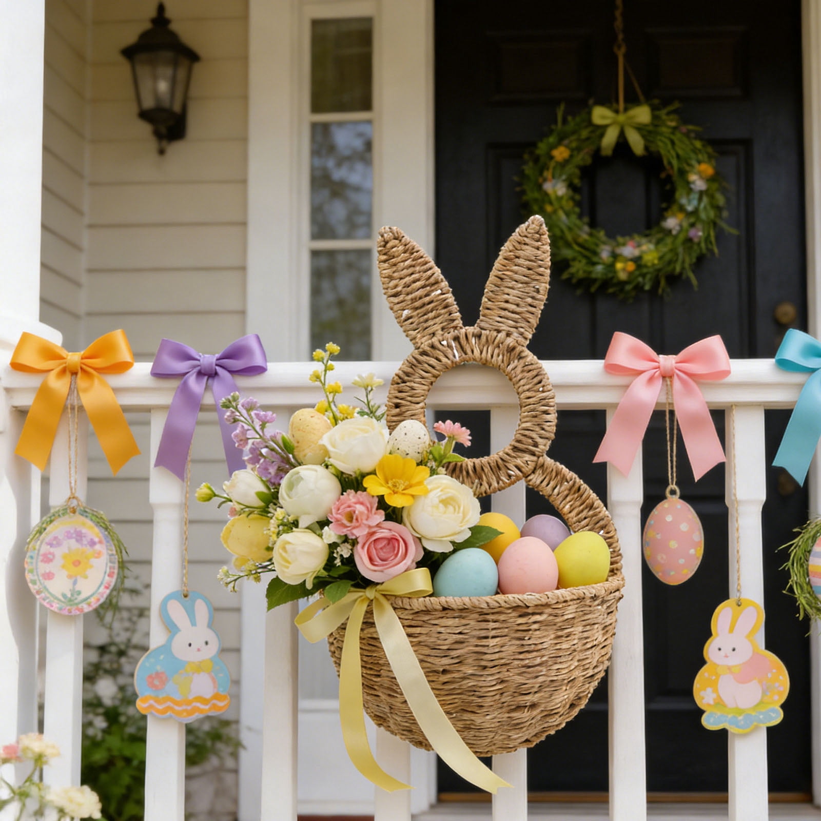 Hare Shape Basket Woven Plastic Easter Basket Wall Ornament For Holiday Decoration Indoor and Outdoor Display