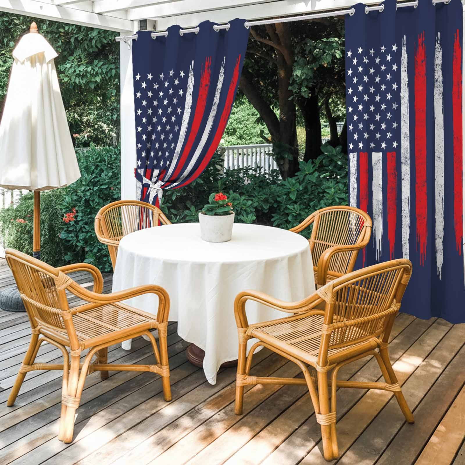 Independence Day Outdoor Curtains for Patio, USA Red White Star Stripes Blue Sunshade Privacy Drapes Grommet Waterproof Outside Curtains for Porch/Cabana/Balcony 54"x 108", 1 Panel