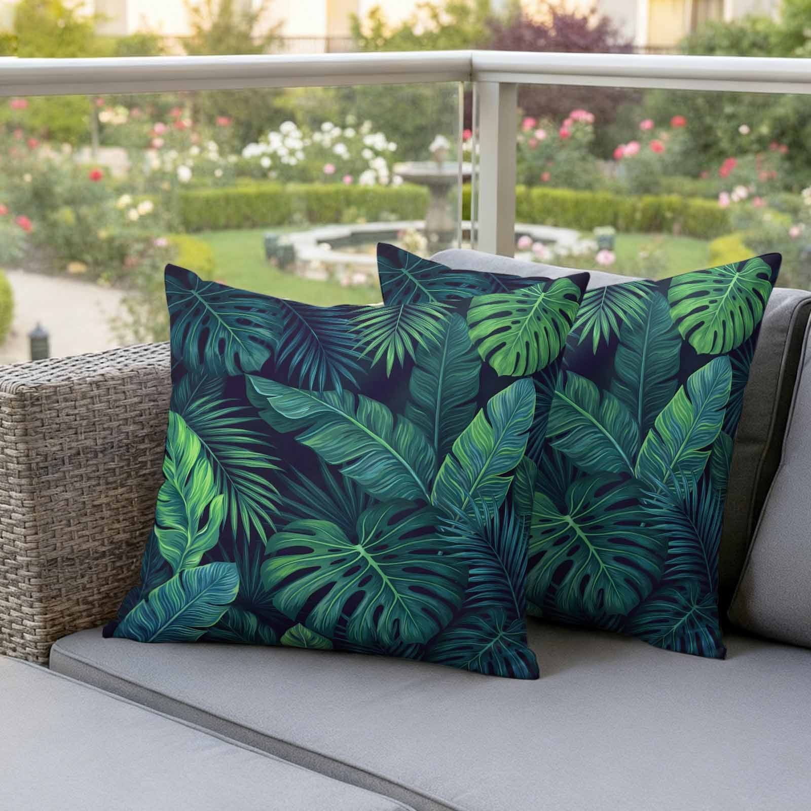 Tropical Plants Outdoor Waterproof Throw Pillow Covers 18x18 Set of 2, Summer Watercolor Teal Green Palm Leaves Decorative Pillowcases Cushion Pillowcase for Couch Sofa Patio Outside Pillow Protector