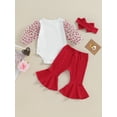 thumbnail image 4 of Bagilaanoe 3pcs Newborn Baby Girl Valentine’s Day Clothes Long Puff Sleeve Romper Tops + Flare Trousers + Headband 3M 6M 12M 18M Infant Pants Set, 4 of 9