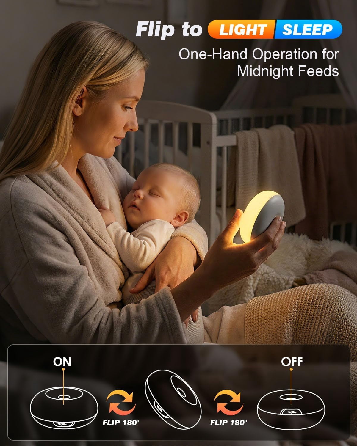 Baby Night Light, 0 Blue-Light Nursery Egg Light for Breastfeeding, Flip Design, Soft BPA Free, 3 Colors & Dimming, Rechargeable Portable Touch Nightlight for Kids Toddler