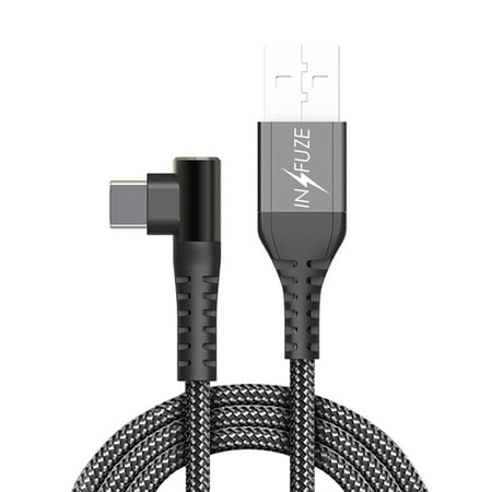 INFUZE USB Cable for Iris Flip (Consumer Cellular) - 90 Degree Right Angled Heavy Duty Rugged Nylon Type-C to Type-A (USB-C to USB-A) Fast Charger Sync Cable - 6.5 Feet - Black