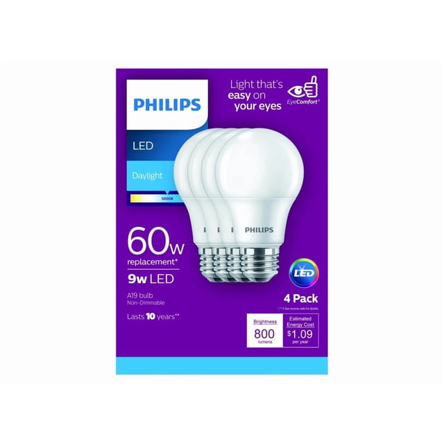 Paquete de 4 Bombillas LED Philips 461137 8W 60W Luz Día A19