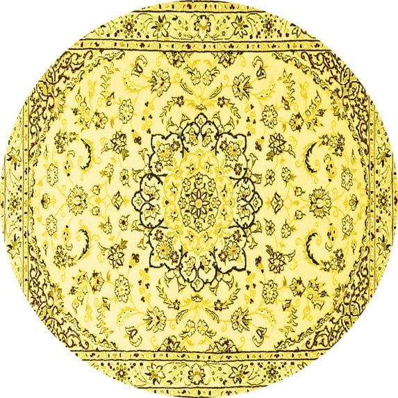 Ahgly Company Machine Washable Indoor Round Medallion Yellow Traditional Area Rugs, 4' Round