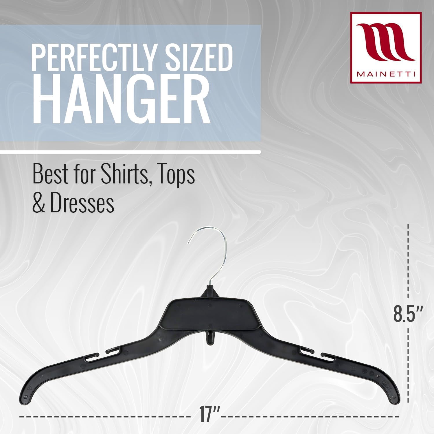 Mainetti Black Recycled Plastic Clothes Hangers 100 Pack | 17-Inch Space Saving Hangers with Rotating Metal Hook & Notches for Straps | Closet Hangers Ideal for Shirts, Tops & Dresses (484BRSEMN100)