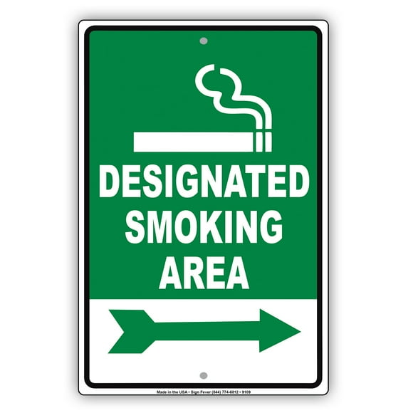 Designated Smoking Area Right Pointer Arrow Direction Way Smokers Informational Alert Caution Warning Metal Tin 8"x12" Sign Plate
