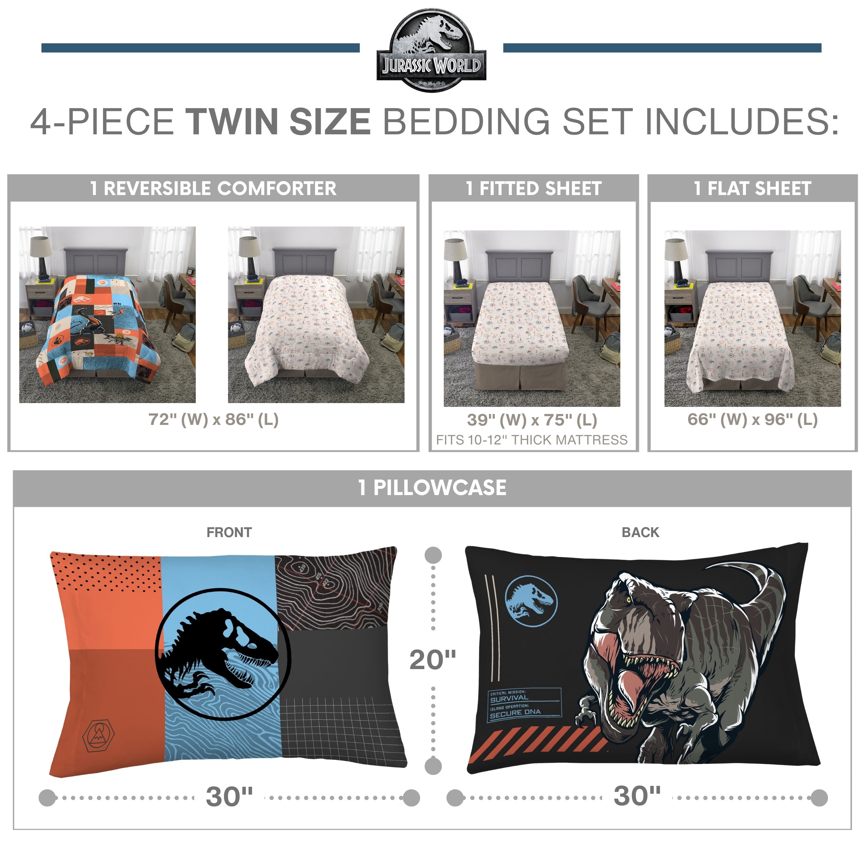 Jurassic World Kids Twin Bed in a Bag, 4Pc Bedding Set, Comforter and Sheets