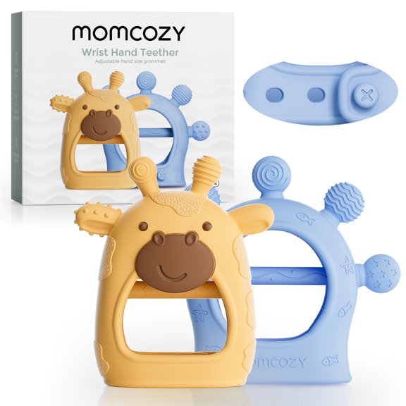 Mordedores de Silicona Momcozy 2pzs para Bebés 0 a 12 Meses Alivio de la Dentición Azul y Amarillo