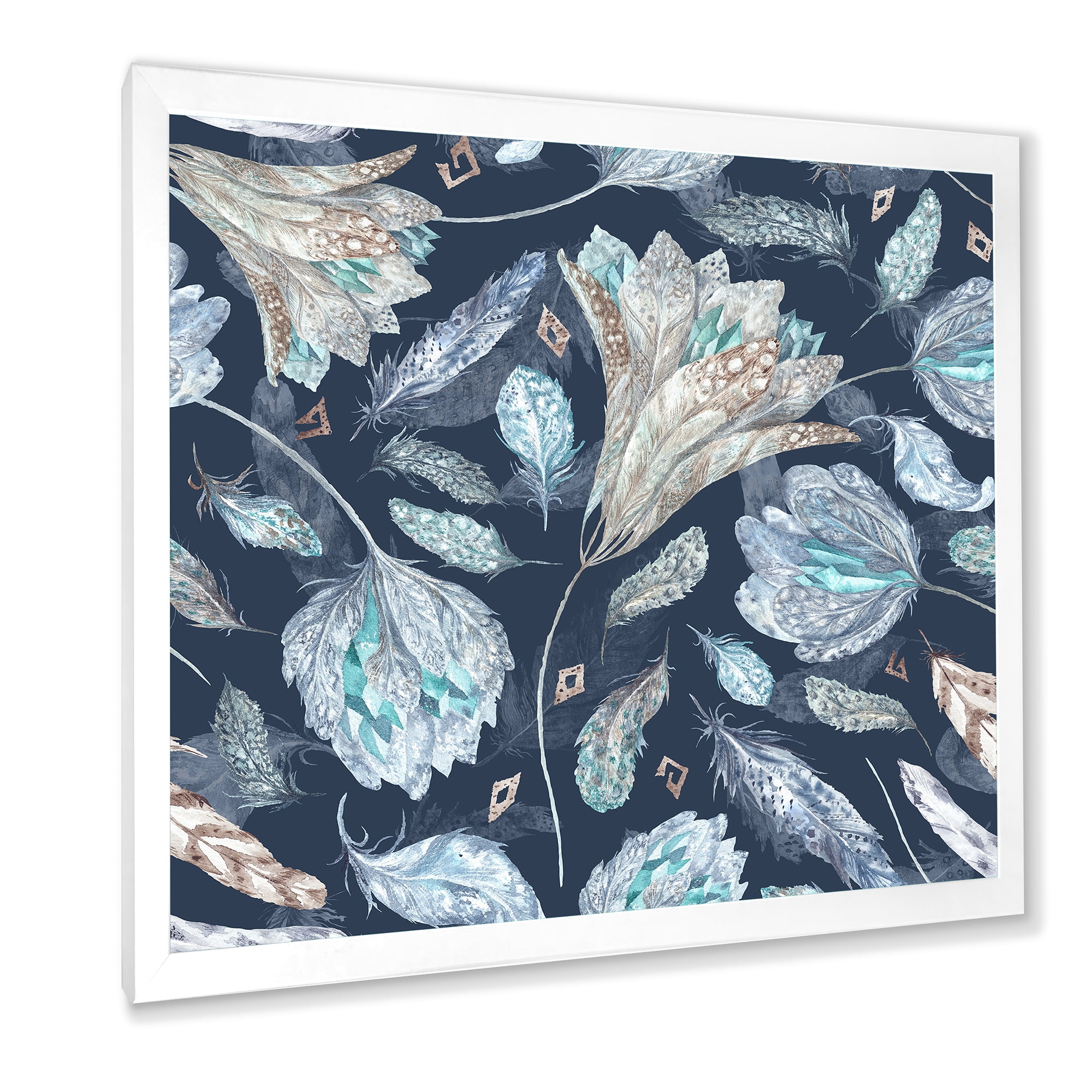 Designart 'Navy Blue Botanical Pattern With Feathers' Traditional Framed Art Print