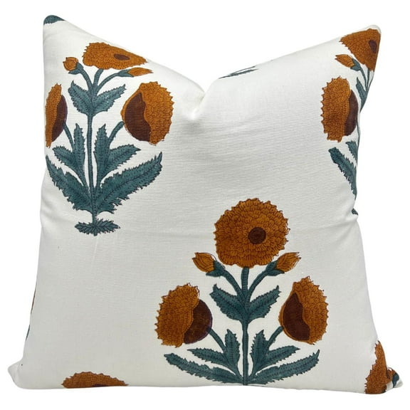 Fabdivine Block Print Throw Pillow Cover, 14x14 Inch Thick Cotton White Handmade Cushion Cover, Floral Print Boho Design Mustard Pillow Cover for Sofa and Couch