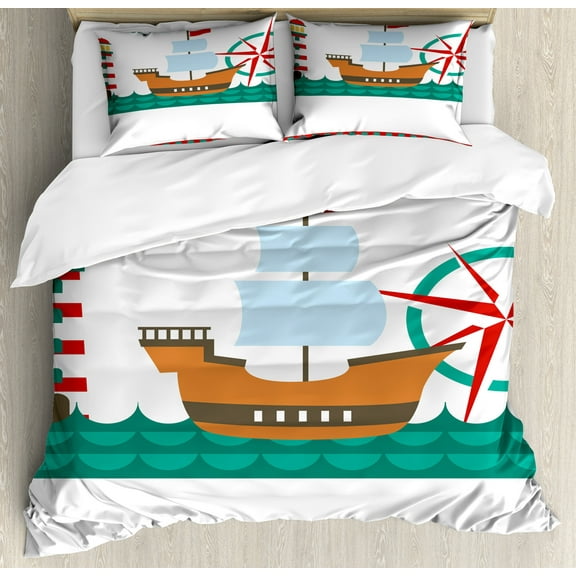 Reveal Party Duvet Cover Set, Ahoy Sail Boat on Sea Waves Lighthouse and Compass Anchor Celebration, Decorative 3 Piece Bedding Set with 2 Pillow Shams, Queen Size, Brown Teal and Red, by Ambesonne