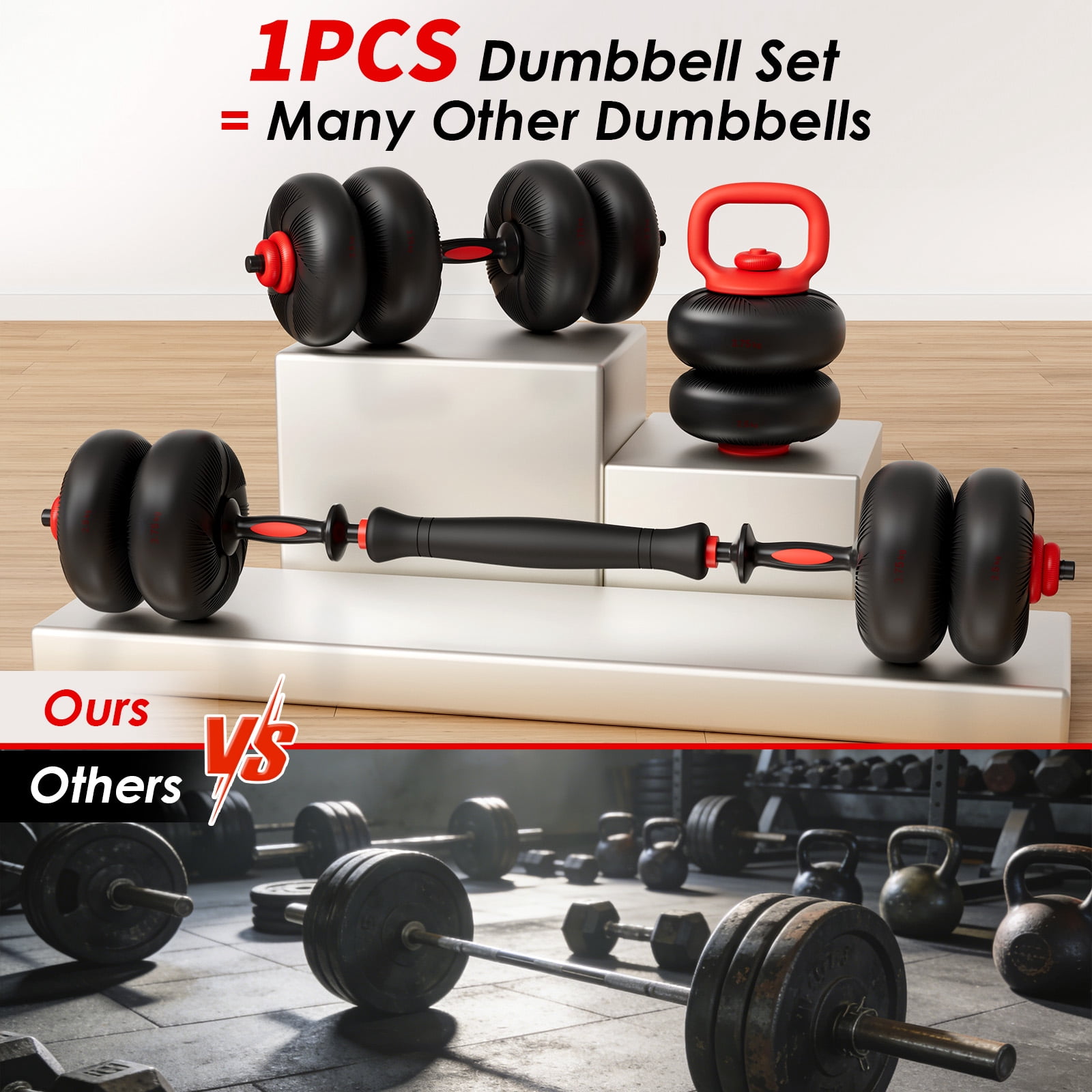 LIFERUN Adjustable Dumbbell Set, Soft PVC, 45lbs/67lbs Free Weight Set. 4-in-1: Barbell, Dumbbells, Kettlebell, Weight Plates, Red