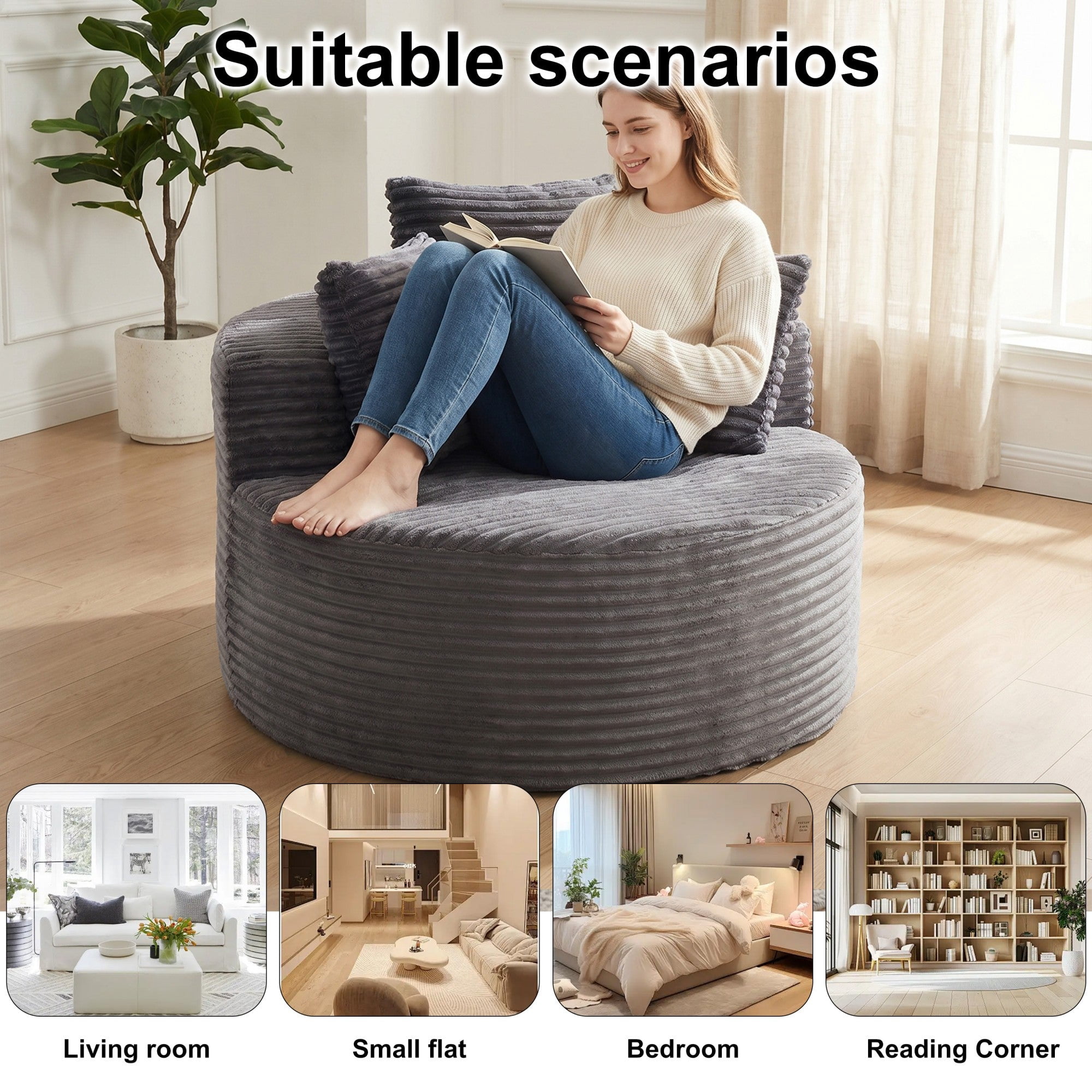 Sailvan 43" Round Corduroy Single Sofa Lounge Chair with 3 Pillows, Modern Minimalist Accent Chair for Bedroom, Living Room & Game Room Grey