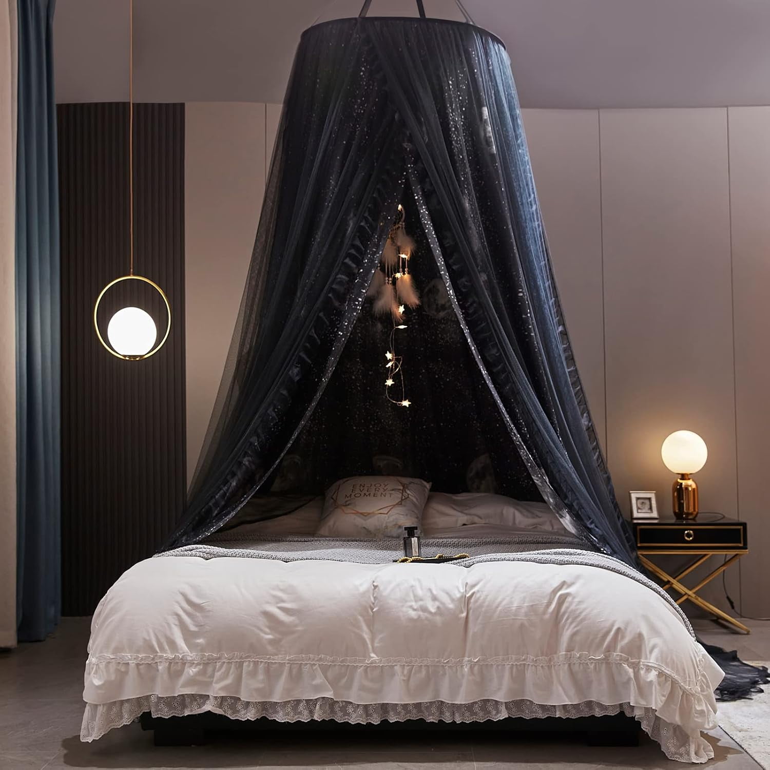 Gorgeous Moon Printed Bed Canopy for Girls & Adults, Room Decorative Cozy Bed Curtain Canopy Drapes, Round Dome Luxurious Lace Princess Canopies Mosquito Netting (Print Moon)