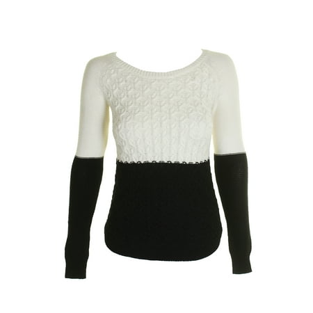 Maison Jules Deep Black Colorblocked Cable-Knit Crew Neck Sweater S