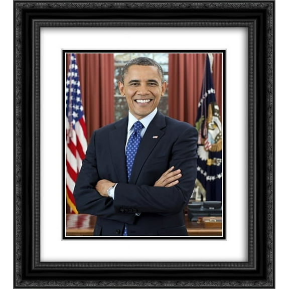 Official portrait of President Barack Obama in Oval Office 20x24 Double Matted Black Ornate Framed Art Print