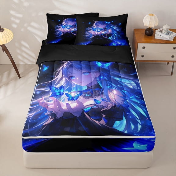 Homewish Kawaii Japanese Girl Zipper Twin Comforter Sets with Fitted Sheet and 2 Pillowcases,Blue Wild Butterfly Zipper Bedding Set For Kids,Reversible,4-Piece