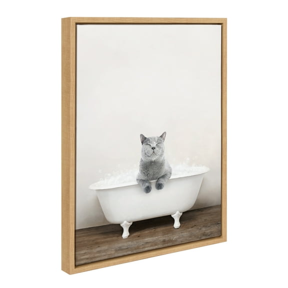 Kate and Laurel Sylvie Cat in Rustic Bath Framed Canvas Wall Art by Amy Peterson Art Studio, 18x24 Natural, Modern Fun Decorative Bathtub Wall Art for Home Décor