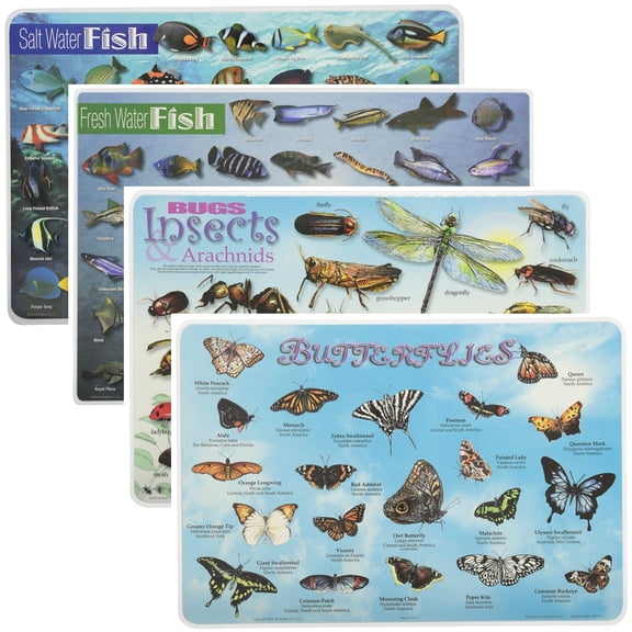 Painless Learning Educational Placemats Sets Fresh Water Fish, Salt Water Fish, Butterflies and Bugs Placemat Non Slip Washable