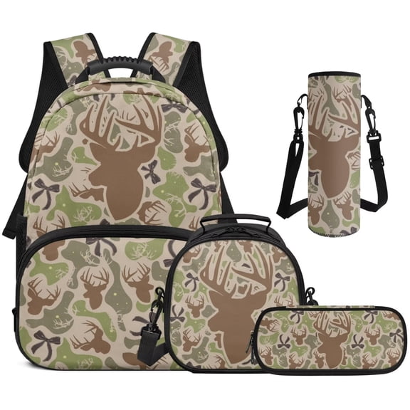 Aplkyhs Kids Backpack Set, 4 Pieces with Lunch Bag Camo Deer Hunting Bow Pencil Case and Water Bottle Holder for Elementary, Middle School and Travel