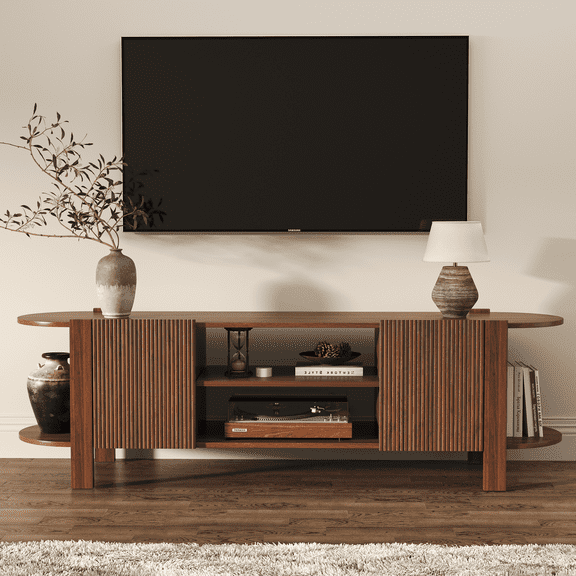 ZOSQUARE 65 inch TV Stand for TVs up to 75", Walnut Entertainment Center with Fluted Doors and Open Shelves, Wood TV Console with Rounded Edges for Living Room