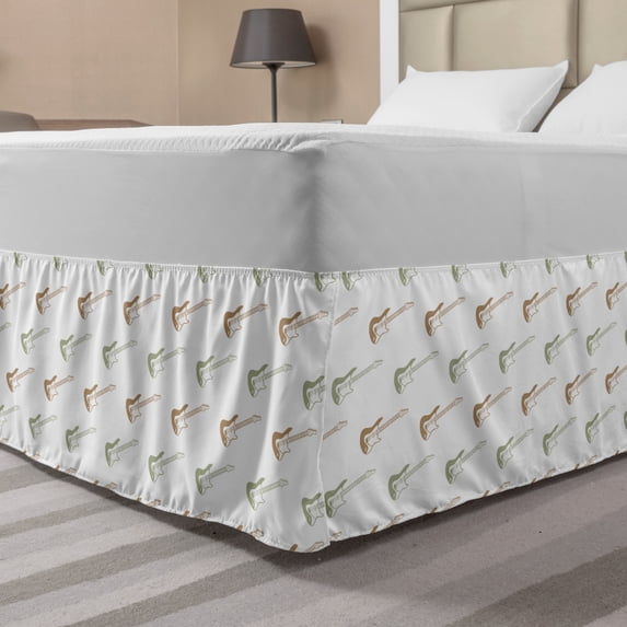 Music Bed Skirt, Diagonally Designed Electronic Guitar Silhouettes on a Plain Background, Elastic Bedskirt Dust Ruffle Wrap Around for Bedding Decor, 4 Sizes, Camel White and Green, by Ambesonne