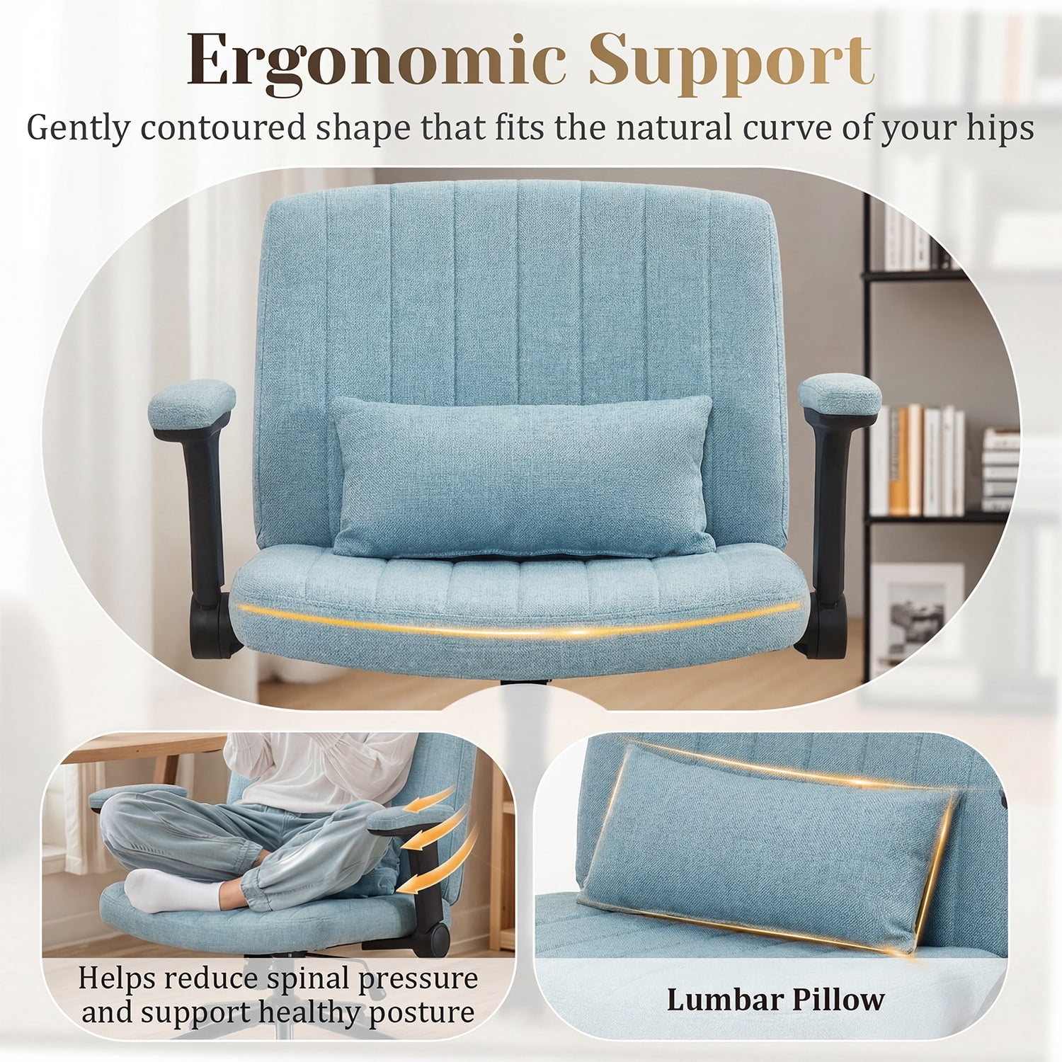 IPKIG Ergonomic Office Chair with Wheels and Flip-Up Arms, Wide Seat Swivel Desk Chair for Home Office, Computer, Vanity in Linen Blue