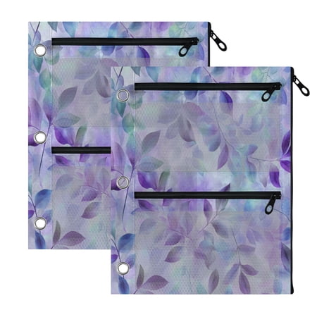 2 Pack 3-Ring Binder Pencil Pouch with Clear PVC Windows Dreamy Purple Blue Leaf Pattern Large Capacity Stationery Bag for Classroom Office Supplies