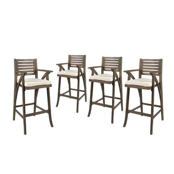 Hermosa Outdoor Acacia Wood Barstool, Set of 4, Grey with Cream Cushion