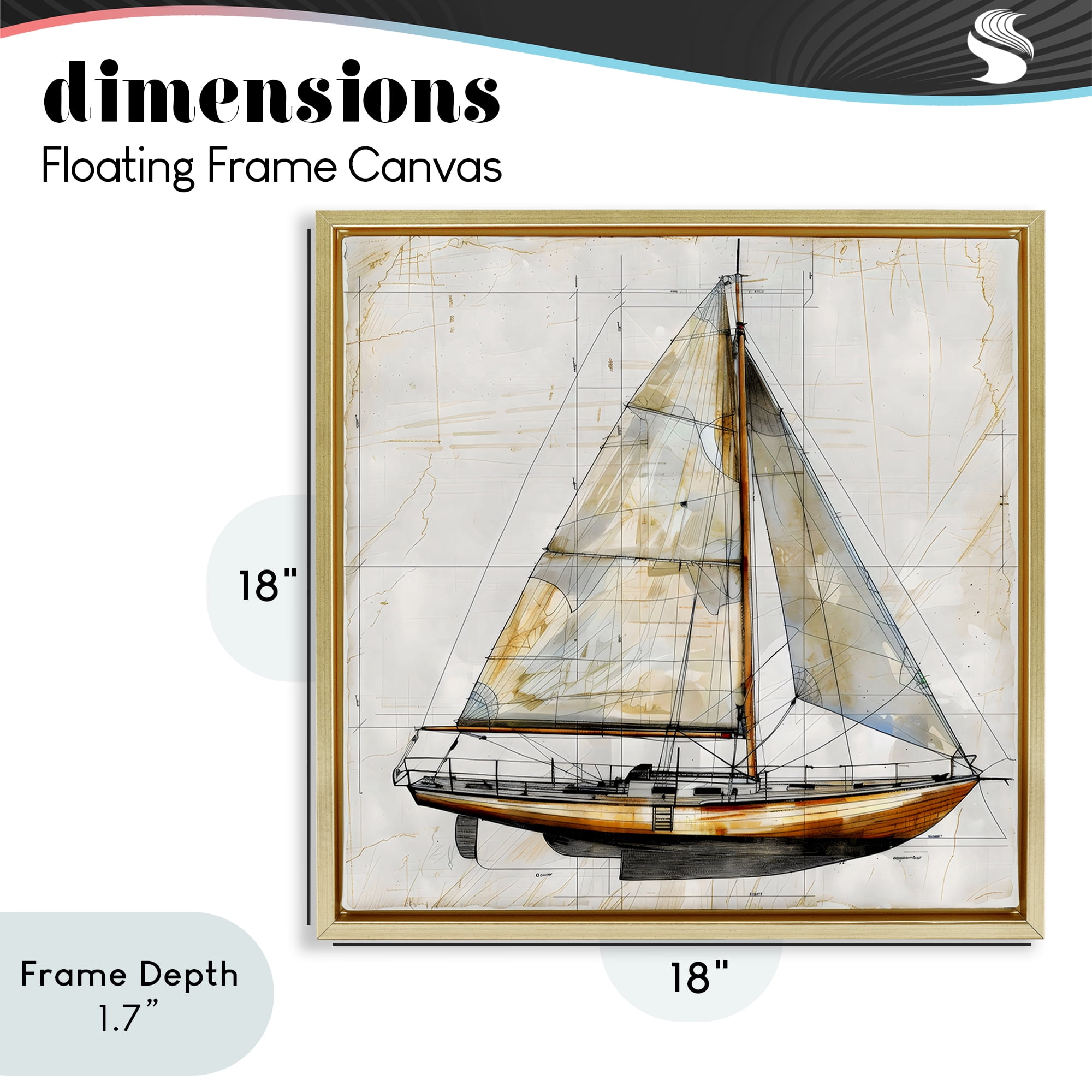 Stupell Industries Vintage Sailboat Drawing Blueprint Gold Framed Floater Canvas Wall Art, design by Creative Studio