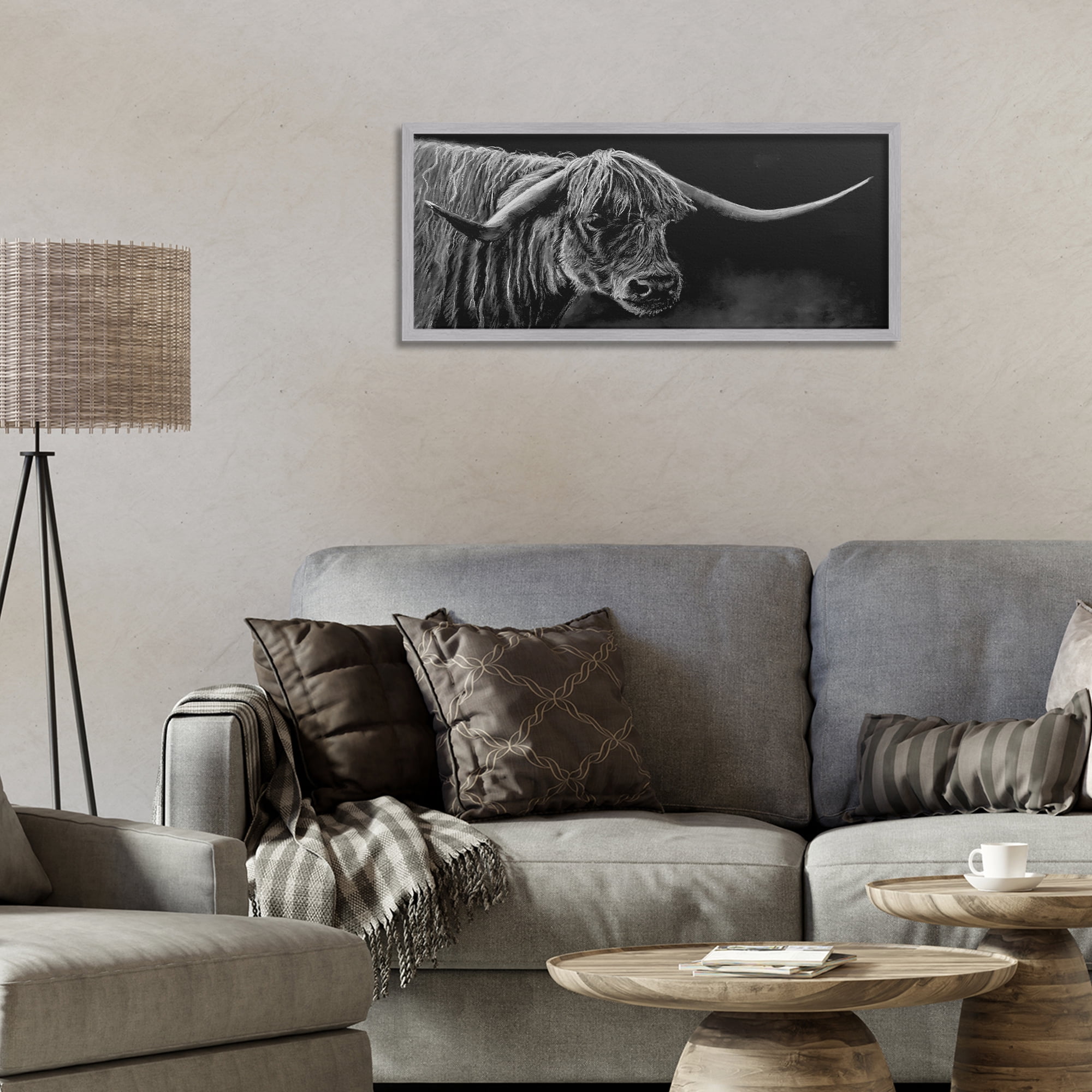 Highland Longhorn Portrait Gray Framed Giclee Art, design by Patricia Reynolds