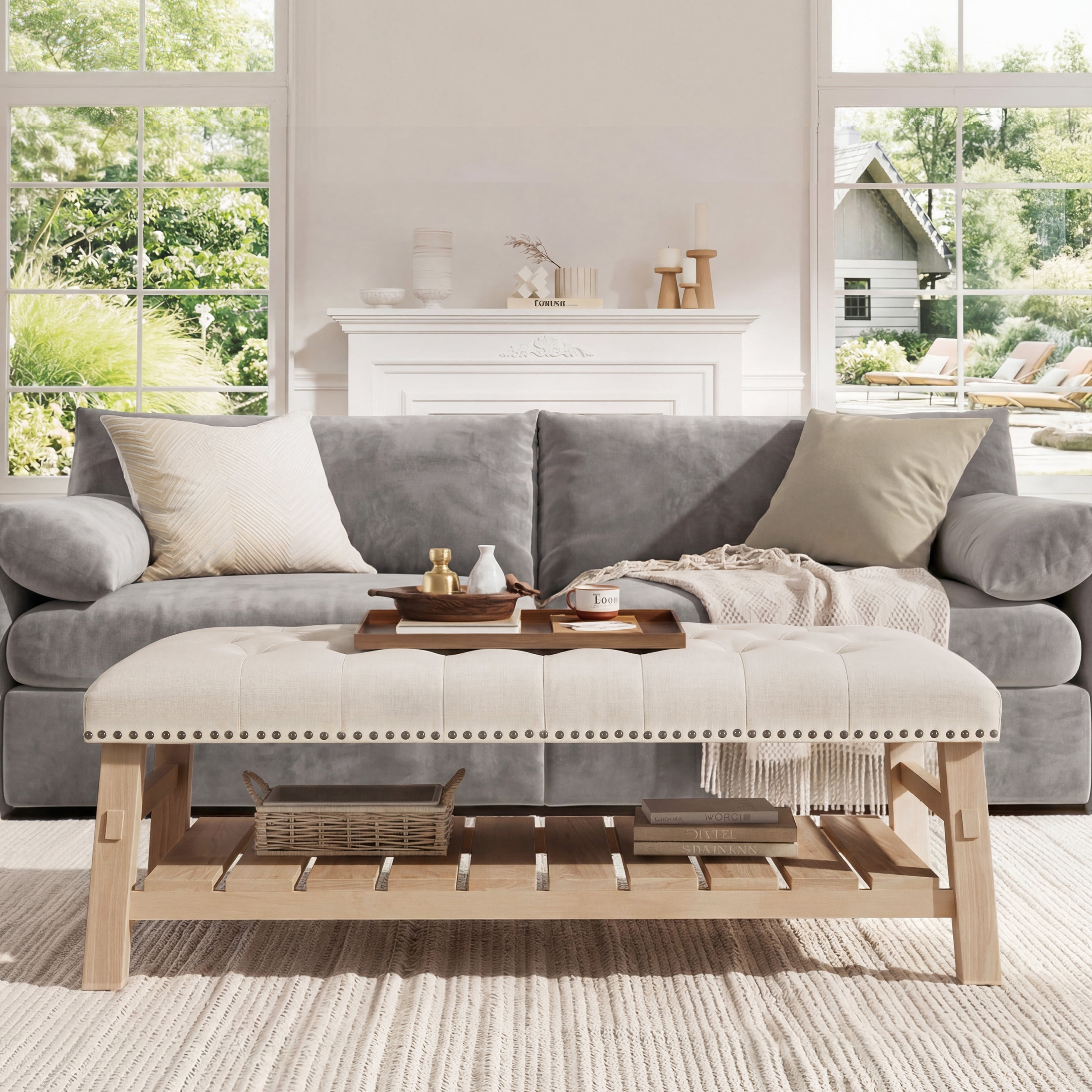 Euroco Large Rectangle Ottoman Coffee Table,Tufted Upholstered Footrest Ottoman with Shelf Storage,Nailhead Trim & Solid Wood Legs for Bedroom Living Room,Beige