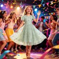 thumbnail image 5 of Girls Tulle Princess Dresses Trendy Embroidery Flower Lace Puff Sleeve Crew Neck Gown for Pageant Wedding Birthday Party Graduation Dance Prom Green 5-6 Years, 5 of 6