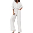 thumbnail image 1 of Fgnfyis Women's Two Piece Outfits Set Long Si Button Down Shirt Blouse Top Drawstring Wide Leg Pants Solid Color Tracksuit Matching Sets Women Clothing Trousers Sets White S, 1 of 6