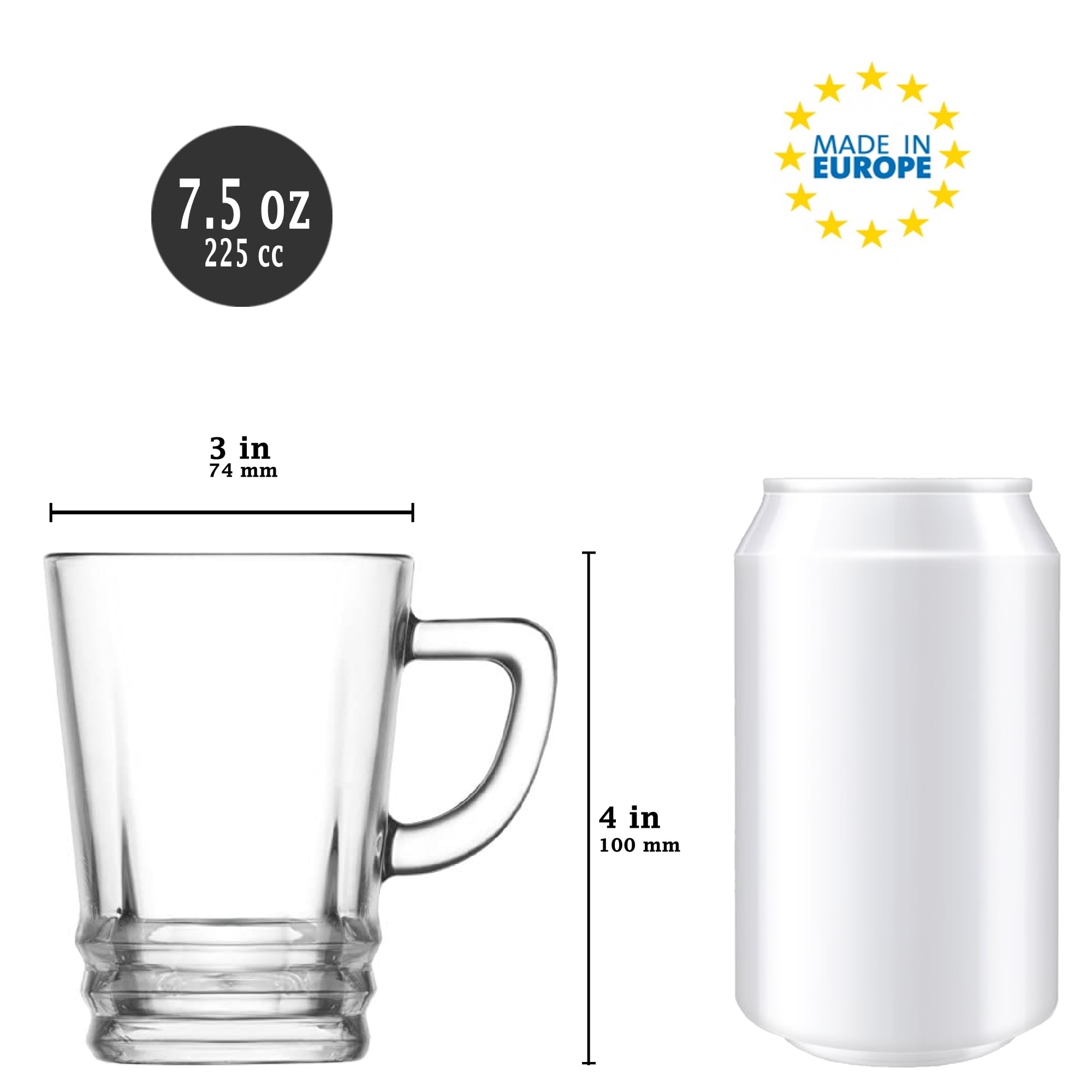 LAV Clear Glass Tea Coffee Mugs with Handle, Perfect for Cappuccino, Latte, Espresso, Set of 6, 7.5oz