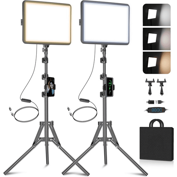 2-Pack LED Video Light Kit, Studio Light, 2800-6500K Dimmable Photography Lighting Kit with Tripod Stand&Phone Holder, 73" Stream Light for Video Recording, Game Streaming, YouTube