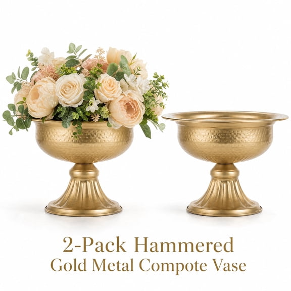 2 Pcs Flower Vase for Centerpieces, 5in Gold Metal Compote Vase With Pedestal Bowl Design, Small Gold Vases for Table Wedding Party Vintage Flower Arrangement Home Decor
