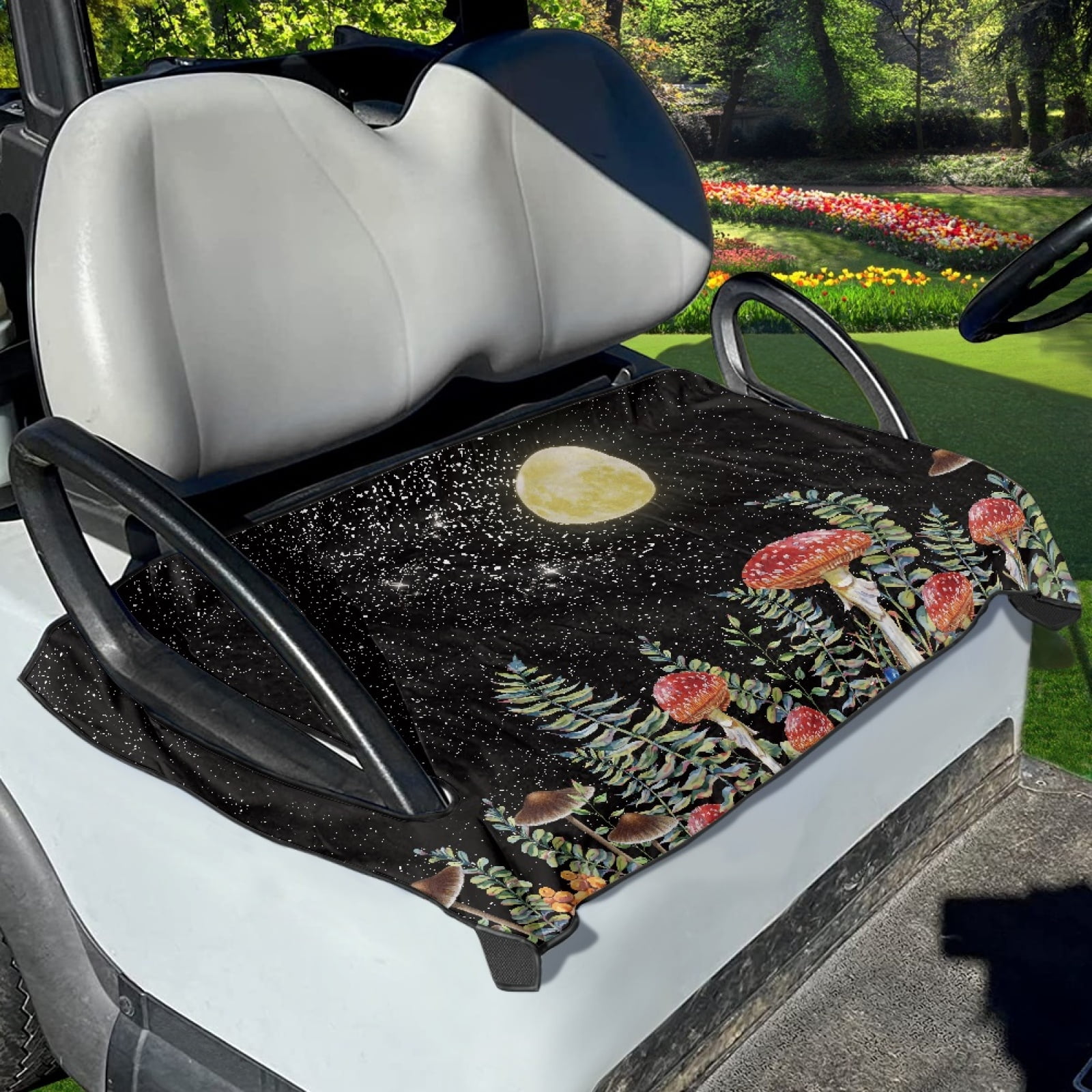 Xoenoiee Moon Mushroom Green Leaves Pattern Golf Car Seat Covers, Golf