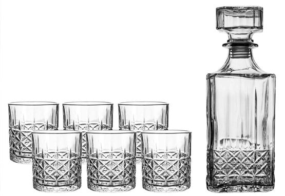 GoodGlassware Whiskey Decanter and Glasses (5 Piece Set) – Elegant Liquor Carafe with Ornate Solid Glass Stopper and 4 Matching Whisky Tumblers - Lead