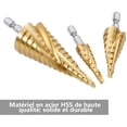 thumbnail image 2 of Juego de 3 brocas escalonadas con ranura en espiral de Whataatahia: acero inoxidable, plástico, metal y madera, broca escalonada con vástago hexagonal HSS, broca cónica para metal, juego de brocas de, 2 of 5