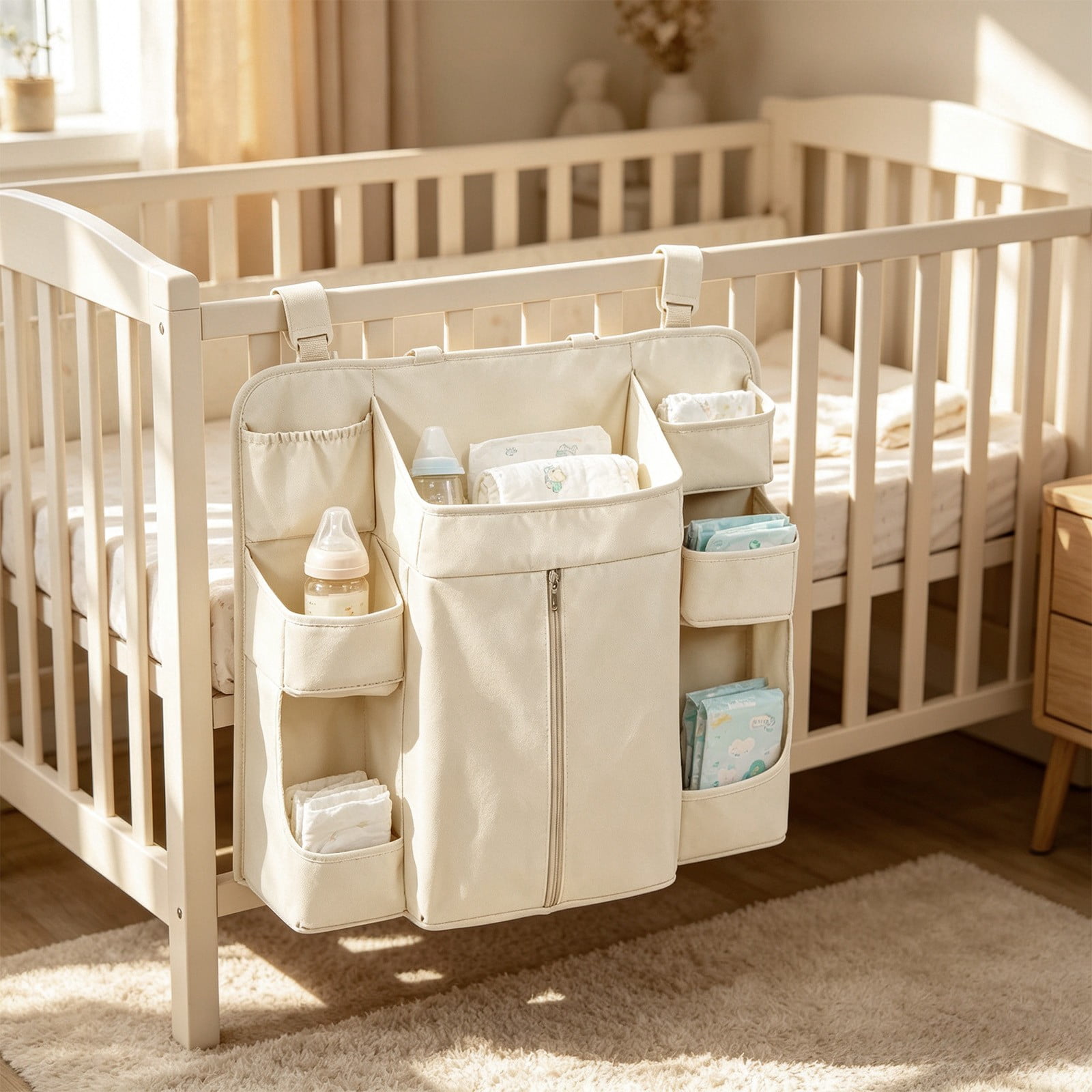 Crib Hanging Storage Bag, Large Capacity Layered Pockets, Waterproof Oxford Fabric, Drill Free Installation, Washable Nursery Organizer for Diaper Storage, Baby Essentials and Bedroom Tidying
