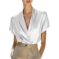 thumbnail image 2 of Xdegoge Satin Shirts for Women Deep V Neck Lapel Collar Short Dolman Sleeve Chic Elegant Evening Vibe Relaxed Fit Solid Asymmetrical Button Silky Flowy Summer Tops, 2 of 7