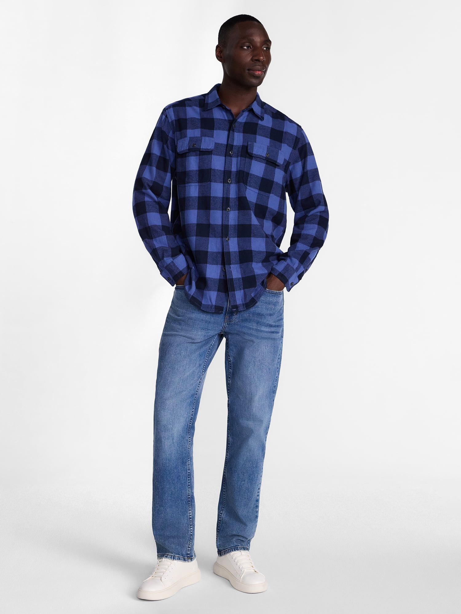 George Men's and Big Men's 100% Cotton Double Pocket Flannel Shirt, Sizes XS-3XLT