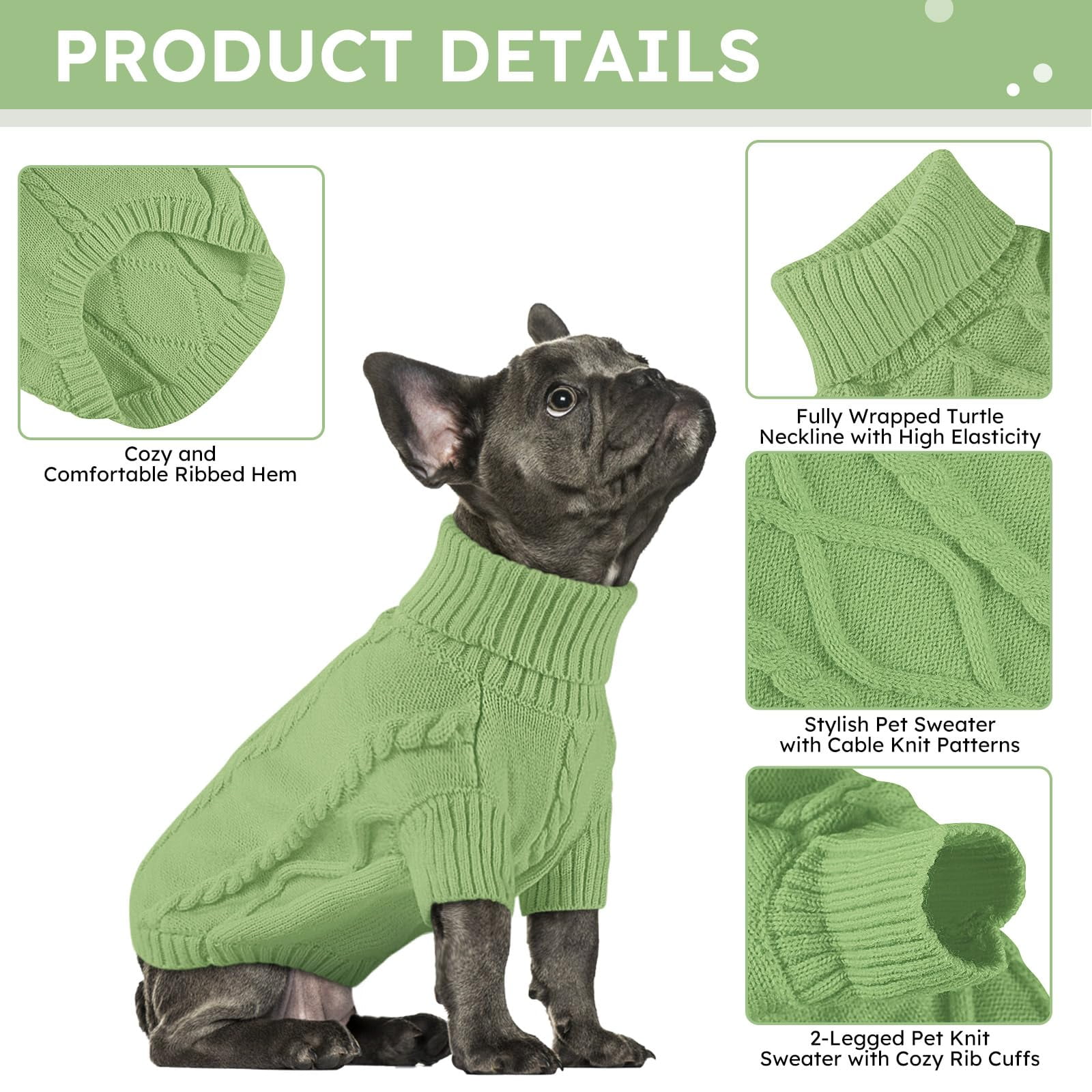 PayUSD Small Dog Pullover Sweater, Cold Weather Cable Knitwear, Classic Turtleneck Thick Warm Clothes for Chihuahua, Bulldog, Dachshund, Pug, Yorkie